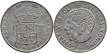 Швеция 1 крона 1973 Густав VI Адольф (1950-1973) KM 826а медь плакированная медно-никелем 4395-257