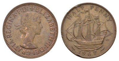 Великобритания 1/2 пенни 1967 Елизавета II (1952-2022) KM 896, Spink 4158 бронза 4675-437