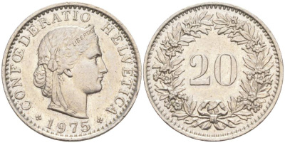 Швейцария 20 раппенов 1975 KM 29a медно-никель 55-942