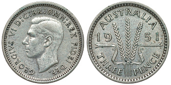 Австралия 3 пенса 1951 m, Георг VI (1937-1952), без букв KM 44 серебро 71-315