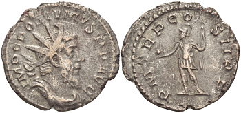 Римская Империя (императоры в Галлии) антониниан 261 Постум. IMP C POSTVMVS P F AVG / P M TR P COS II P P, император в военном доспехе, держит копье и сферу, Августа Треверов, Good Very fine RIC 54 биллон 1073-12-45