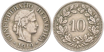 ШВЕЙЦАРИЯ 10 РАППЕНОВ 1919 В KM 27 медно-никель 66-643