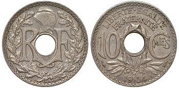 Франция 10 сантимов 1934 KM 866а медно-никель 4163-137