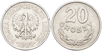 ПОЛЬША 20 ГРОШЕЙ 1966 MW KM A47 алюминий VF-XF 188-265