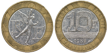 Франция 10 франков 1989 тип гений Бастилии KM 964.1, Le Franc 375.3 биметалл  45-634