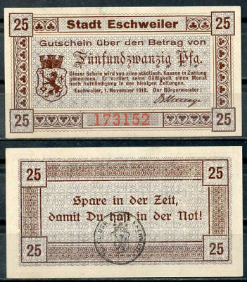Германия, Эшвайлер 25 пфеннигов 1918 нотгельд, 1.11.1918 бумага UNC (пресс) 8614-46-2-1