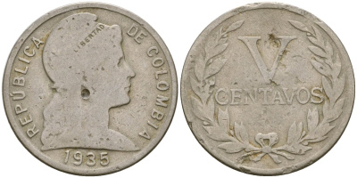 Колумбия 5 сентаво 1935 KM 199 медно-никель 53-1117