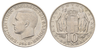 Греция 10 драхм 1968 год-тип, Константин II (1964-1973) KM 96 медно-никель 4667-846
