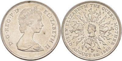 Великобритания 25 пенсов 1980 80 лет королеве Елизавете-королеве матери, Елизавета II (1952-2022) KM 921, Spink 2228 медно-никель 118-731