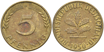 ФРГ 5 пфеннигов 1950 D KM 107, J.382 сталь плакированная латунью 4174-748