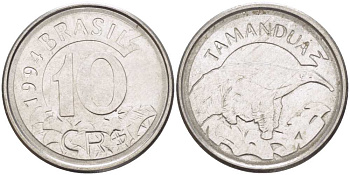 Бразилия 10 крузейро реал 1994 муравьед KM 628 нержавеющая сталь 4388-316