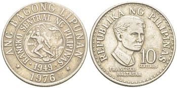 ФИЛИППИНЫ 10 СЕНТИМО 1976 ПОЭТ ФРАНСИСКО БАЛЬТАСАР KM 207 медно-никель 4516-325