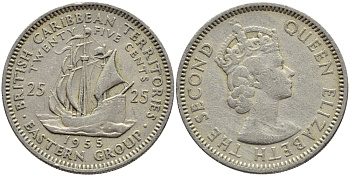 Британские Восточно-Карибские территории 25 центов 1955 Елизавета II (1952-2022), парусник KM 6 медно-никель 76-757