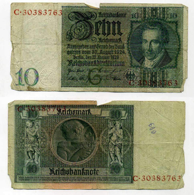 Германия 10 рейхсмарок 1929 Альбрехт Д. Тэер, буква G, серия C Pick 180a, Ros. 173е  бумага 6287-50-4-2