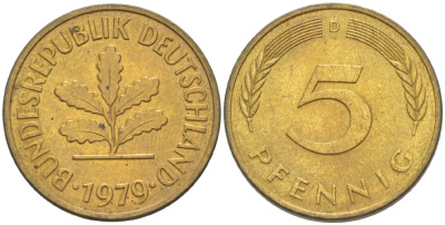 ФРГ 5 ПФЕННИГОВ 1979 D KM 107, J. 382 сталь плакированная латунью 4181-963