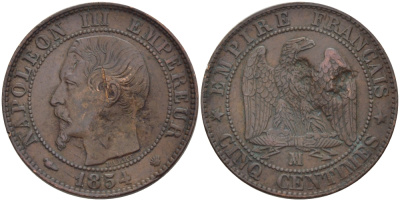 ФРАНЦИЯ 5 САНТИМОВ 1954 МА, НАПОЛЕОН III KM 777.6 бронза 28-637