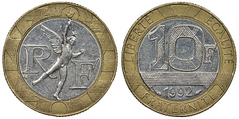 Франция 10 франков 1992 тип гений Бастилии KM 964.1, Le Frank 375.8 биметалл 4128-526