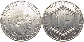 ФРАНЦИЯ 1 ФРАНК 1988 ШАРЛЬ ДЕ ГОЛЛЬ, 30 ЛЕТ РЕСПУБЛИКЕ KM 943, LA FRANC 227.2 никель 175-552