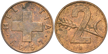 Швейцария 2 раппена 1957 В KM 47 бронза 4591-1125