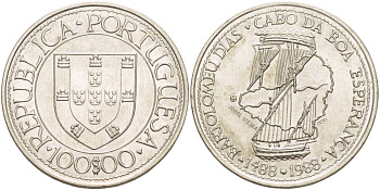 Португалия 100 эскудо 1988 серия золотой век португальских открытий, Бартоломеу Диаш KM 642 медно-никель UNC 4537-521