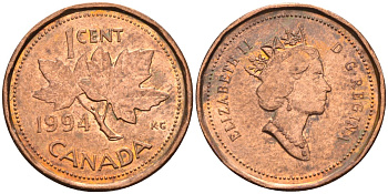 Канада 1 цент 1994 Елизавета II (1952-2022), кленовый лист KM 181 бронза 4585-812