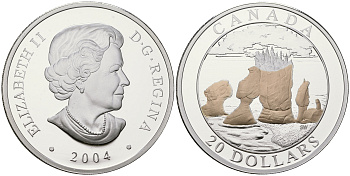 Канада 20 долларов 2004 Серия чудеса природы. Скалы Хоупвелла, оригинальная коробка, сертификат KM 838 серебро  PROOF  4-4-1-43