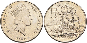 Новая Зеландия 50 центов 1988 Елизавета II (1952-2022), парусник Индевор KM 63 медно-никель 4131-1233