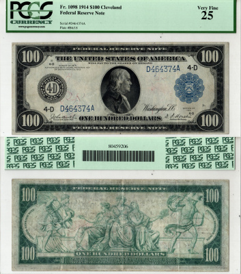 США, Federal Reserve Note 100 долларов 1915 Кливленд. В слабе компании PCGS Currency. Сохранность - «25». Fr. 1098  бумага   10-3-14