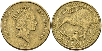 Новая Зеландия 1 доллар 1990 Елизавета II (1952-2022), птица киви KM 78 алюминиевая бронза 29-315