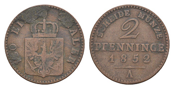 Пруссия 2 пфеннига 1852 A, Фридрих Вильгельм IV (1840-1861) KM 452, Jaeger 51, Olding 336, AKS 91 медь 4651-249