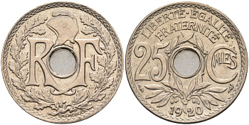 Франция 25 сантимов 1920 тип Lindauer KM 867а, Le Franc 171.4 медно-никель 4584-421