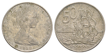 Новая Зеландия 50 центов 1982 Елизавета II (1952-2022), парусник Индевор KM 37.1 медно-никель 4384-814