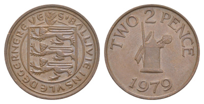 Гернси 2 пенса 1979 Елизавета II (1952-2022), ветряная мельница KM 28 бронза 4566-156