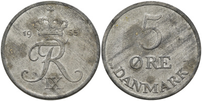 Дания 5 эре 1955 N; S, Фредерик IX (1947-1972) KM 843.1 цинк 4565-733