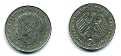 ФРГ 2 марки 1973 F, Теодор Хойс, 20 лет Федеративной Республике (1949-1969) KM A127, J. 407 медно-никель плакированный никелем 35-1244