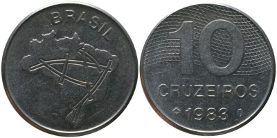Бразилия 10 крузейро 1983 KM 592.1, Schon 101 нержавеющая сталь 4514-1233