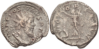 Римская Империя (императоры в Галлии) антониниан 260 - 269 Постум. IMP C POSTVMVS P F AVG / VICTORIA AVG, Виктория с венком и пальмовой ветвью, у ног пленник, Колония Агриппины, Very fine RIC 89 биллон 1073-13-92