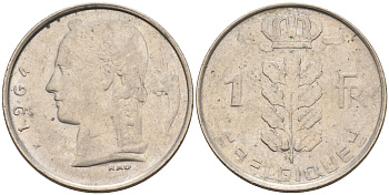 БЕЛЬГИЯ 1 ФРАНК 1964 BELGIQUE KM 142.1 медно-никель 4563-1247