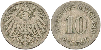 ГЕРМАНИЯ 10 ПФЕННИГОВ 1893 J KM 12, J. 13 медно-никель 4401-943