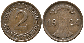 ГЕРМАНИЯ 2 РЕНТЕНПФЕННИГА 1924 G KM 31, J. 307 бронза 24-535