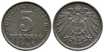 Германия 5 пфеннигов 1921 A KM 19, J. 297, Weege 5 железо 4364-144