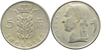 БЕЛЬГИЯ 5 ФРАНКОВ 1964 BELGIE KM 135.1 медно-никель 3999-942