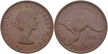 АВСТРАЛИЯ 1 ПЕННИ 1962 p, ЕЛИЗАВЕТА II (1953-), КЕНГУРУ KM 56 бронза 82-811