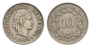 Швейцария 10 раппенов 1949 B KM 27 медно-никель 4609-741