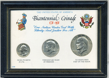 США набор из 3 монет (1/4 (квотер), 1/2 и 1 доллар) 1976 200 лет независимости США, в красочной упаковке KM 204, 205 и 206 медно-никель UNC 8-2-05-07