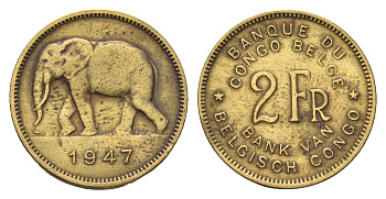 Бельгийское Конго 2 франка 1947 слон, Леопольд III KM 28 латунь 4670-1232