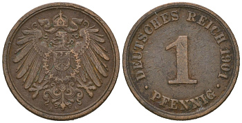 Германия 1 пфенниг 1901 A, Вильгельм II (1888-1918) KM 10, J. 10, Weege 2 медь 4615-217