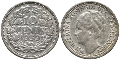 Нидерланды 10 центов 1939 Вильгельмина I (1890-1948) KM 163 серебро 4387-868