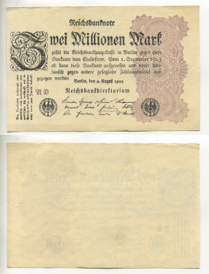 Германия 2000000 марок 1923 9 августа 1923, водяной знак L, серия RD Pick 104 b, Rosenberg 103 c бумага 7217-66-3-2