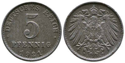 Германия 5 пфеннигов 1921 A KM 19, J. 297, Weege 5 железо 4364-144